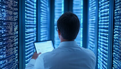 A professional interacts with advanced data servers in a high-tech environment, showcasing the importance of data management and cybersecurity in today's digital age.