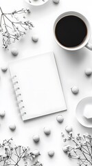 Fototapeta premium Monochromatic Flatlay, Blank Notepad, Coffee, Flowers