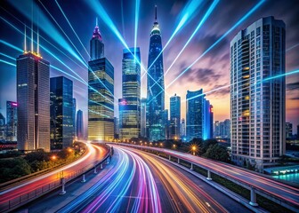 Fototapeta premium Futuristic Cityscape: Light Trails & Digital Connections - Stock Photo