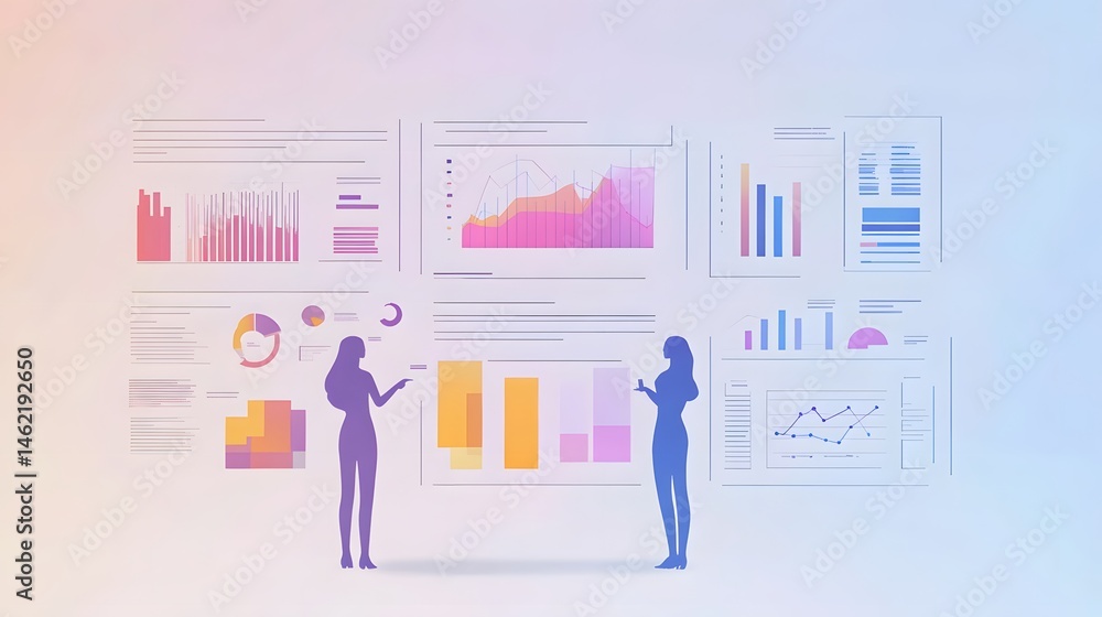 Poster abstract illustration of people analyzing data visualizations.