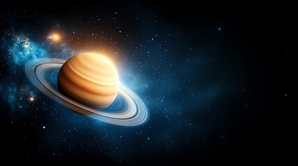 Naklejka premium A stunning view of Saturn, highlighting its iconic rings and vibrant colors against a cosmic backdrop of stars and nebulae.