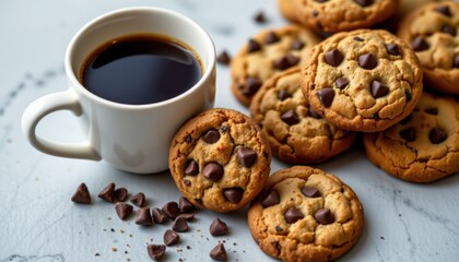 a tempting scene of a cup of freshly brewed coffee set next to a pile of decadent choco chip cookies, creating a delightful contrast of flavors and textures that is sure to satisfy any sweet tooth.