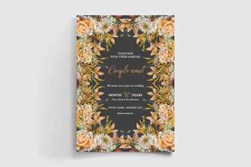 WEDDING INVITATION FRAME WITH FLOWER DECORATIONS AND FRESH LEAVES