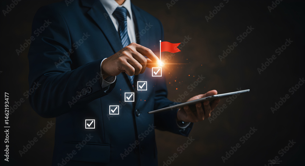 Poster businessman achieving goals with digital checklist and red flag on tablet for task completion, proje