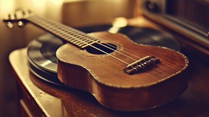 Fototapeta premium Wooden Ukulele on Vinyl Record Player in Vintage Setting