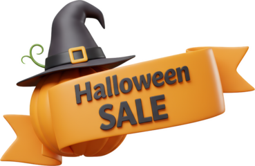 Spooky 3D Render Halloween Pumpkin Sale Banner with Witch Hat