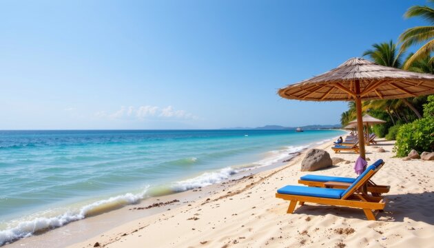 the tranquil seascape paints a serene picture of a tranquil beach with azure waters, making it an ideal destination for a rejuvenating summer vacation.