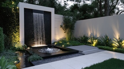 Modern water feature in a landscaped garden.  A striking waterfall cascades down a black panel,  flowing into a reflecting pool below.  Well-maintained 