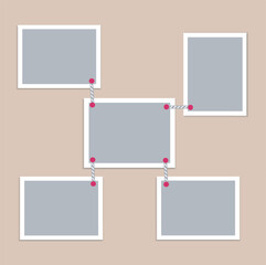 Set of 5 empty photo cards united with ropes. Mockup for photos, collages, cards, presentation. Creative Blank template. Photo frames with white frame on beige background. EPS10. 