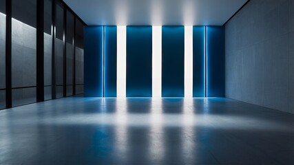 Modern Interior Design Blue Lit Panels in Minimalist Concrete Room