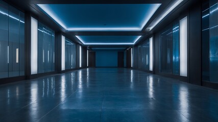 Modern Architecture Interior Sleek Blue Lit Corridor with Glass Walls and Polished Floor