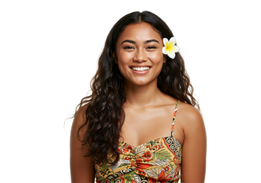 Smiling Young Woman of Pacific Islander Descent with Curly Hair and Flower in Hair, Wearing Colorful Floral Dress Against Black Background