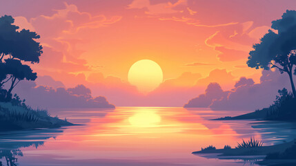 Serene sunset over calm river, with vibrant colors reflecting on water and lush trees framing scene, evokes peaceful atmosphere