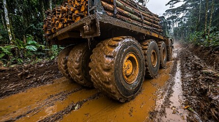 Fototapeta premium Logging truck navigating muddy forest road