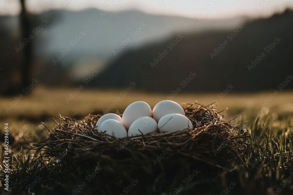 Poster close-up view of a bird's nest containing eggs in a natural setting during golden hour light