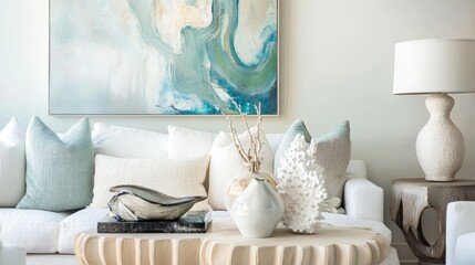 Soft-toned interior with abstract art, fluted side table and cozy sofa with ceramic decor
