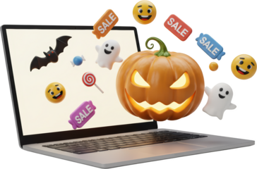 Halloween Online Sale Jack o lantern Emojis Spooky Treats on Laptop