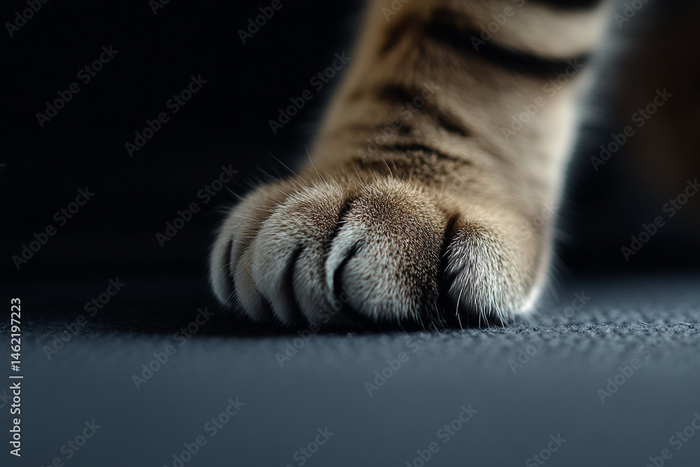 Poster close-up of a cat's paw resting gently on a soft surface, showcasing intricate details and textures