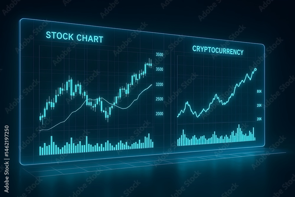 Poster digital illustration displaying stock chart and cryptocurrency trends financial analysis and market 