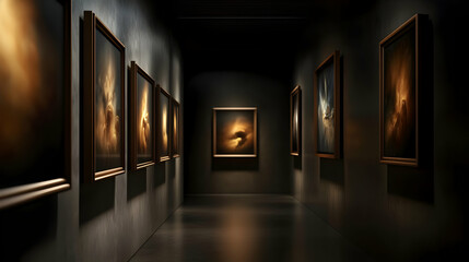 Dark Gallery With Framed Paintings