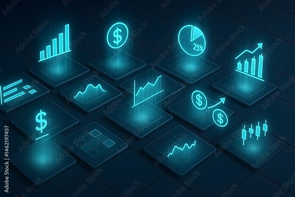 Poster digital representation of financial data elements including charts graphs dollar signs and business 
