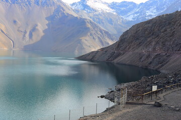 Cajon del Maipo - Embalse el Yeso area. San jose de Maipo, close to Santigao area. Lake view with...