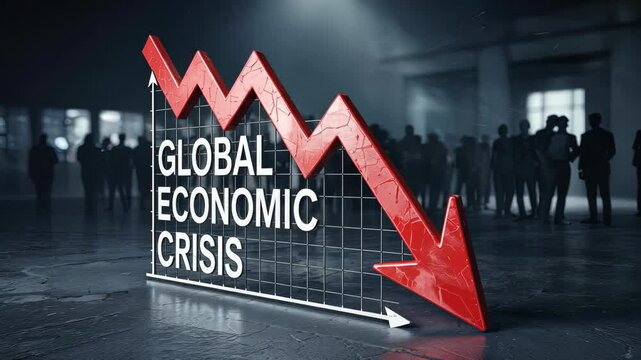 Downward red broken arrow symbolizing economic downturn, business people fading in blurred background.