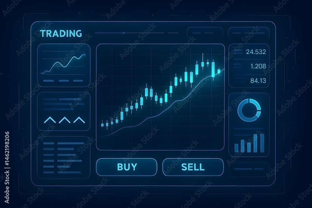 Poster digital trading interface depicting stock market performance with chart indicators and buy sell butt