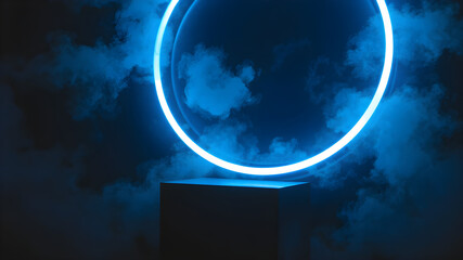 Glowing blue circular neon light in dark smoky environment with pedestal display