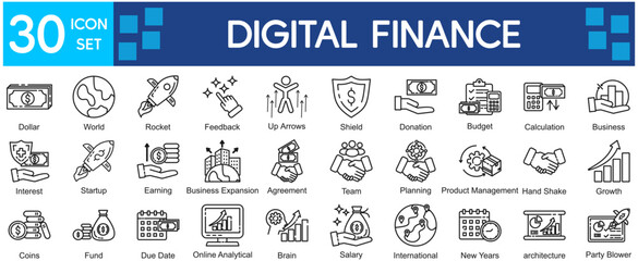 Fototapeta premium Digital Finance Icons Collection related to Finance, Digital, Money, Online, Banking, Investment, Technology, Economy, Business, Currency, Payment.