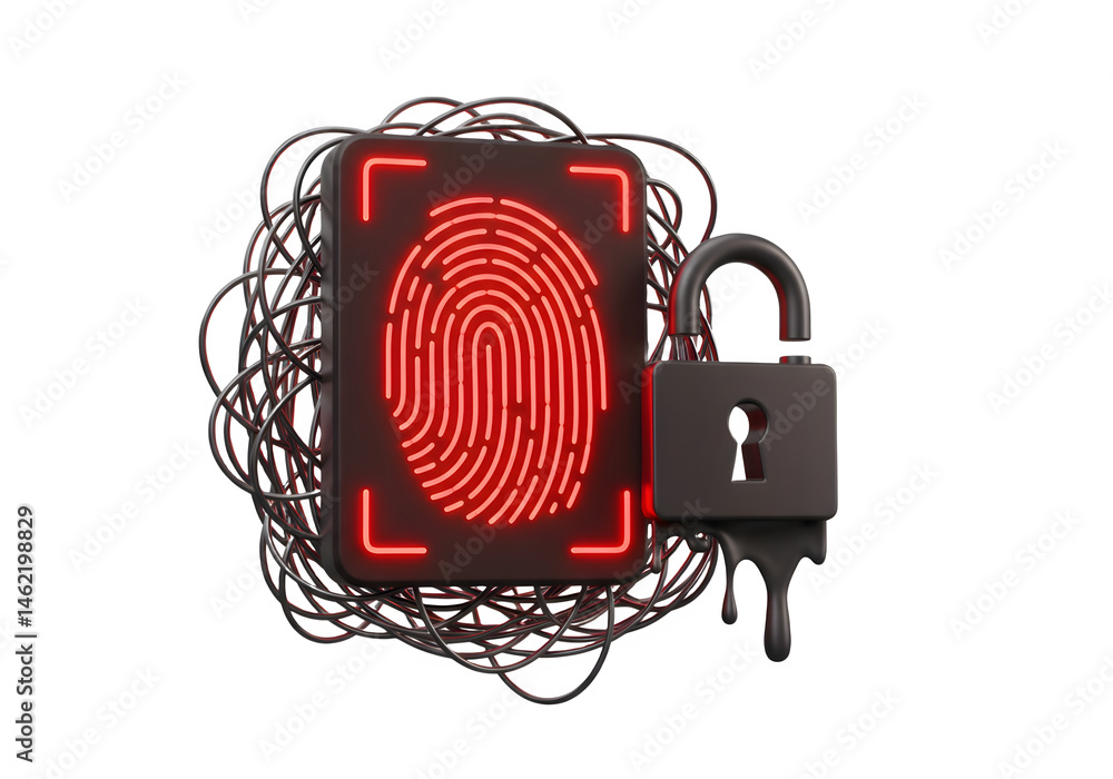 Poster cybersecurity concept: red fingerprint scan with a padlock.