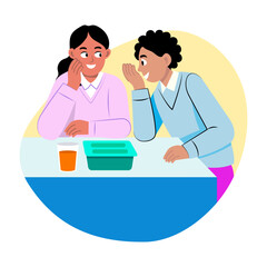 Two friends sharing secrets with each other, flat illustration