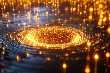 Obraz premium Quantum computing visualization with glowing particle vortex, depicting the dynamic flow of quantum data and computational energy.