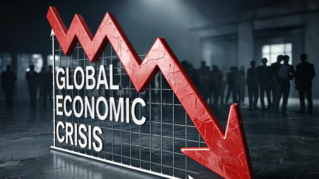 Downward red broken arrow symbolizing economic downturn, business people fading in blurred background.