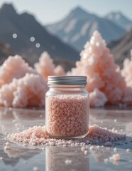 Pink salt from the mountains: photograph demonstrates a close-up of a jar of Himalayan pink salt, emphasizing its color and texture against the backdrop of its natural extraction environment.