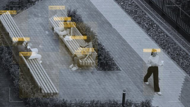 CCTV shot with visual effects filming business people in office courtyard, colleagues sitting on benches and talking, camera detecting recorded objects - person, book, bench