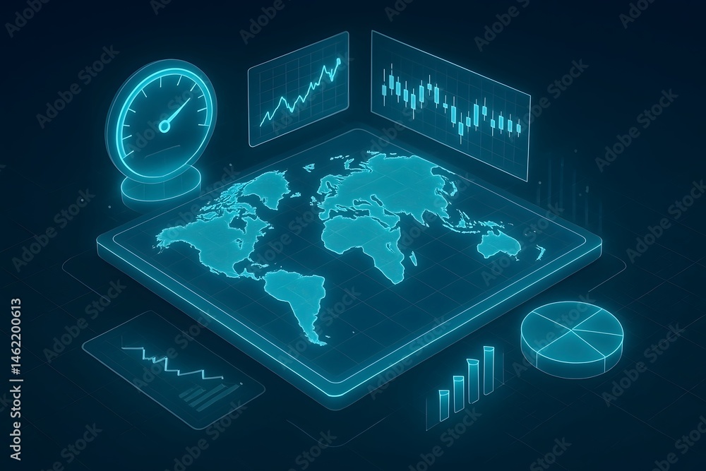 Poster futuristic data analysis concept with world map and charts representing global financial trends and 