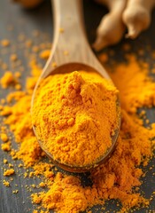 Organic Spices: Bright Yellow Turmeric Powder in Wooden Spice Bowl