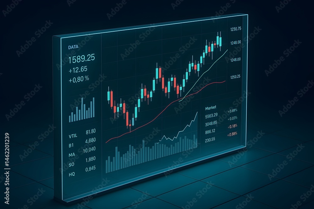 Poster futuristic financial data displaying stock market performance and trading analysis on a glowing inte