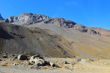 Cajon del Maipo - Embalse el Yeso area. San jose de Maipo, close to Santigao area. Lake view with mountains in the background. With unreal, scenic nature views. With glaciers and lakes close by.