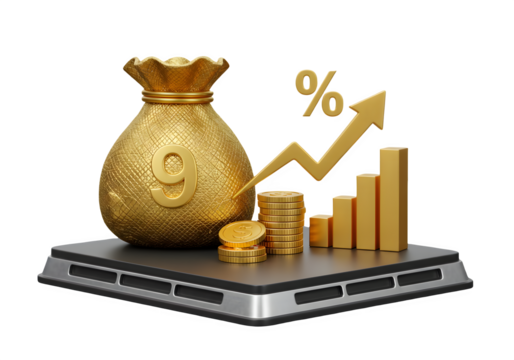 Golden money bag with 9% growth chart.  Financial success concept.