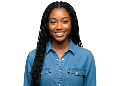 Portrait of a smiling young Black woman with long braids wearing a denim shirt against a black background, showcasing her bright and youthful expression.