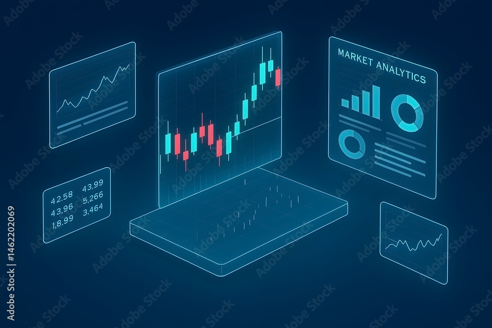 Poster futuristic market analytics dashboard showing data charts and graphs for financial analysis and busi