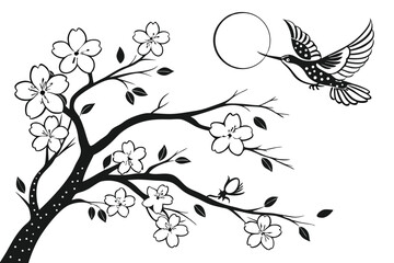 60 Black and white illustration, delicate floral branches, spotted bird in flight, ink wash technique, botanical art, Japanese-inspired, negative space, graceful composition, cherry blossoms, watercol
