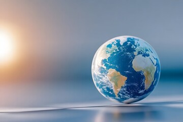 Fototapeta premium A realistic Earth globe hovers gently over a reflective surface, bathed in soft sunlight