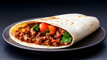 A savory burrito filled with seasoned ground meat, vibrant bell peppers, and fresh herbs, rests on a dark plate against a black backdrop