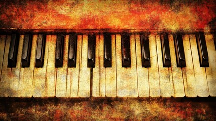 A vintage piano keyboard, distressed and highlighted with warm colors.