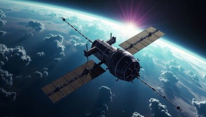 Obraz premium A stunning satellite in space, capturing the curvature of Earth with illuminated cities below and advanced solar panels providing energy, symbolizing the future of space exploration