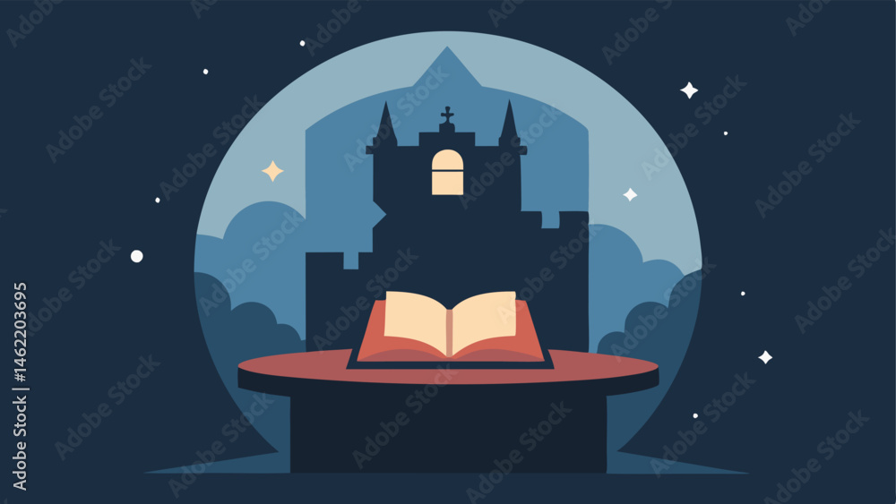 Poster mystical reading corner in a cozy nook an open book rests on a round table. as the sunlight filters 