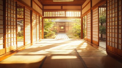 Fototapeta premium Tranquil Japanese interior. Sunlight streams through traditional shoji screens, revealing a serene garden beyond